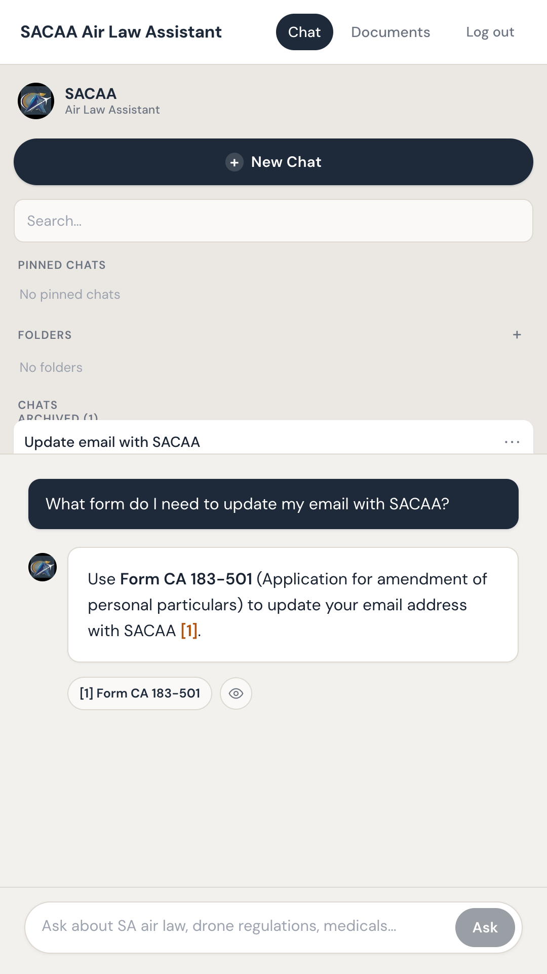 Chat with cited Form CA 183-501 answer