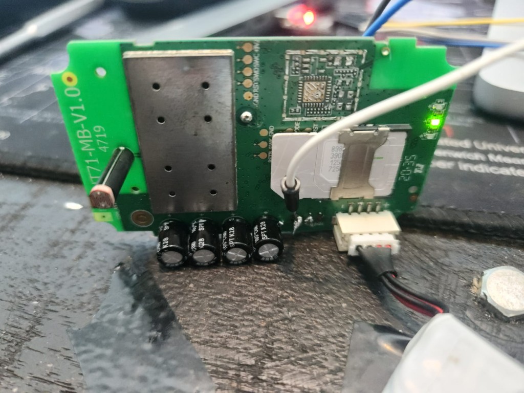 GT71 main board overview — SIM slot, MTK shield, SWD header, and power connector