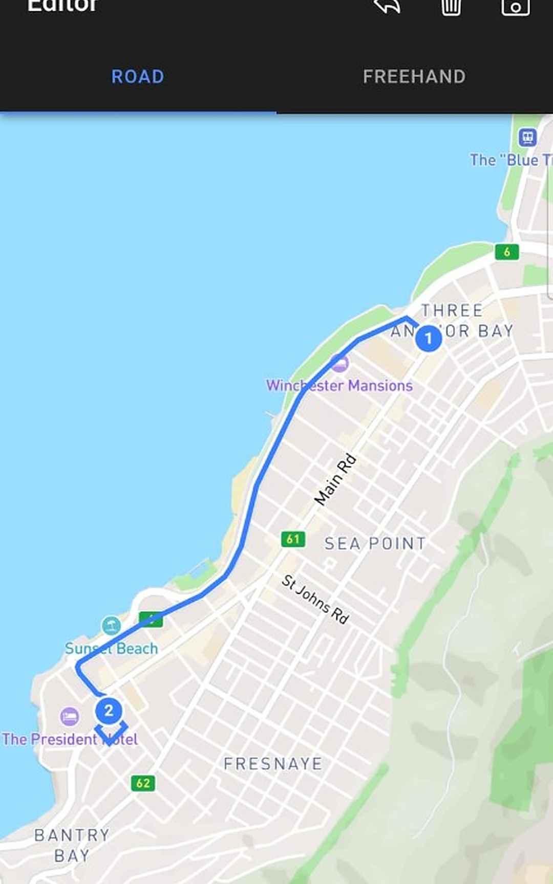 MockLoc editor — road-snapped route