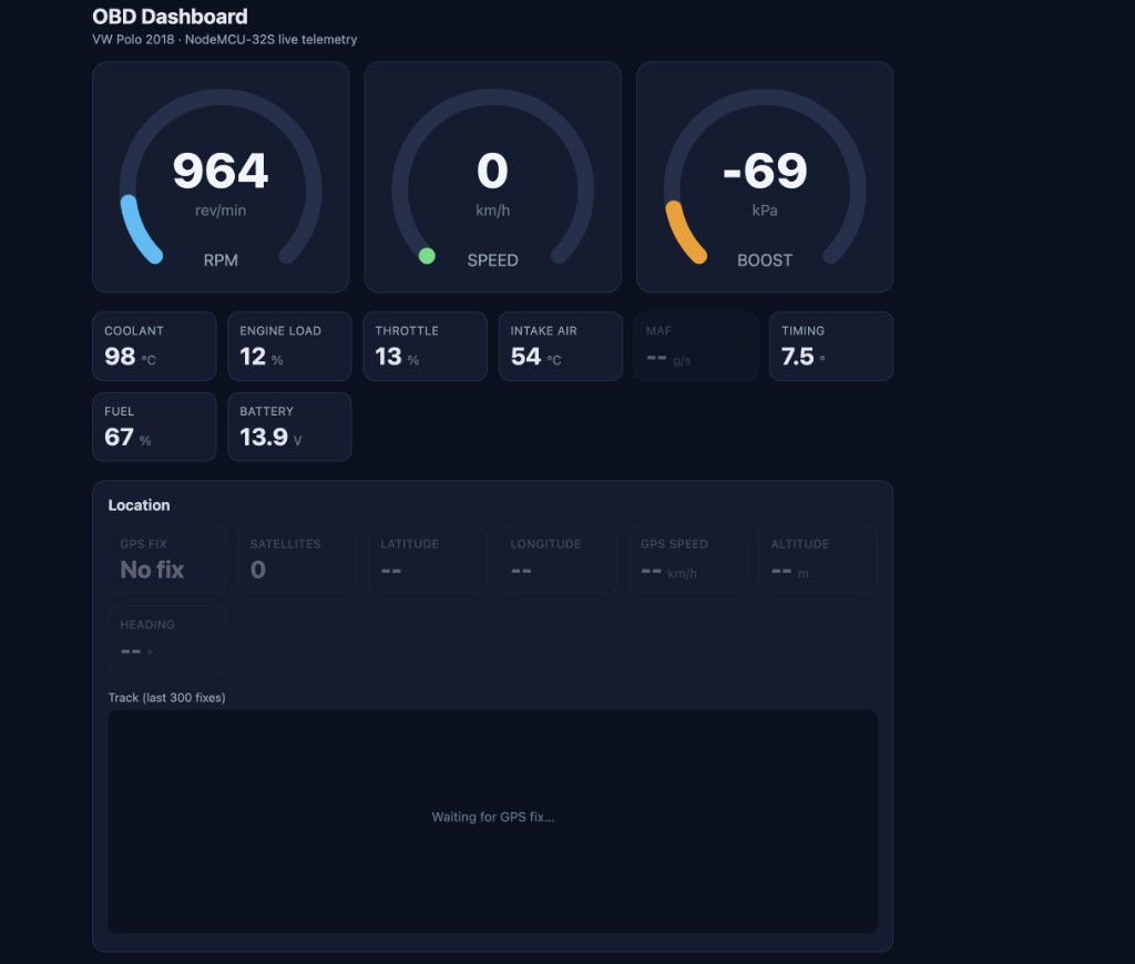 OBD dashboard — RPM, coolant, throttle, battery live over WebSocket