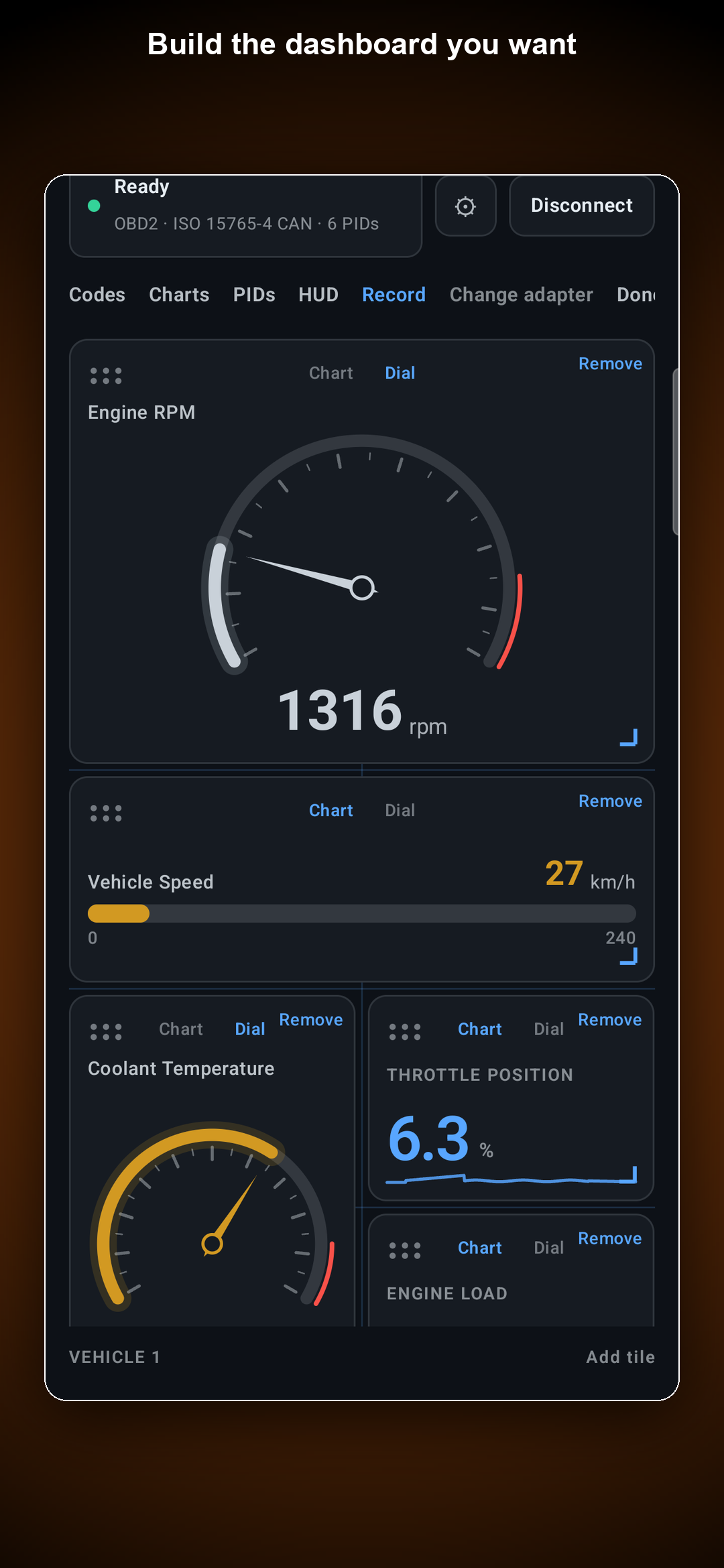 RevDash — editable dashboard tiles with RPM dial, speed bar, coolant, throttle