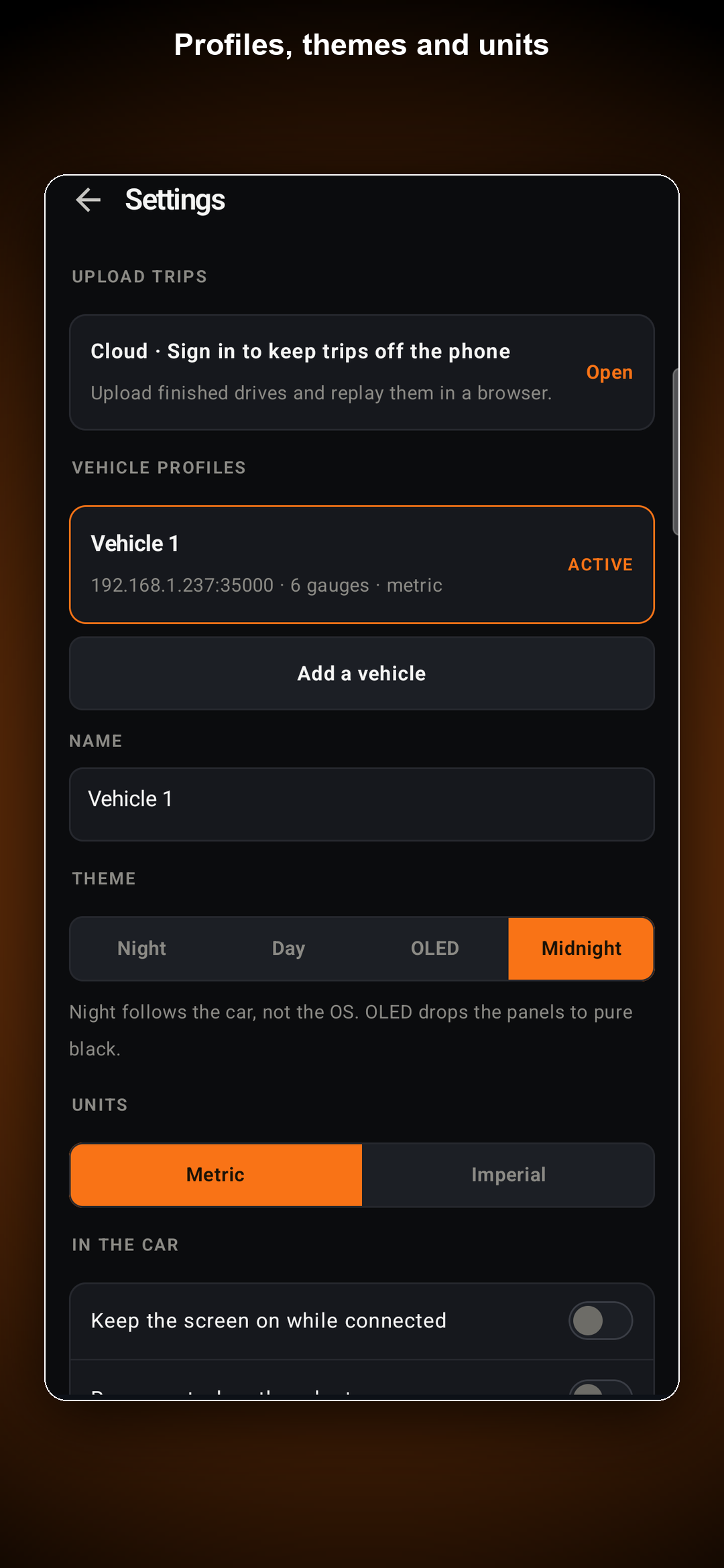 RevDash Settings — vehicle profiles, Night/Day/OLED/Midnight themes, metric units