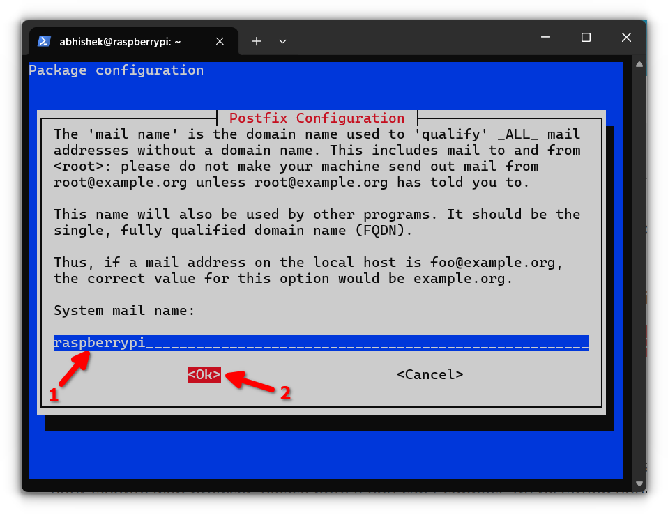 Postfix system mail name