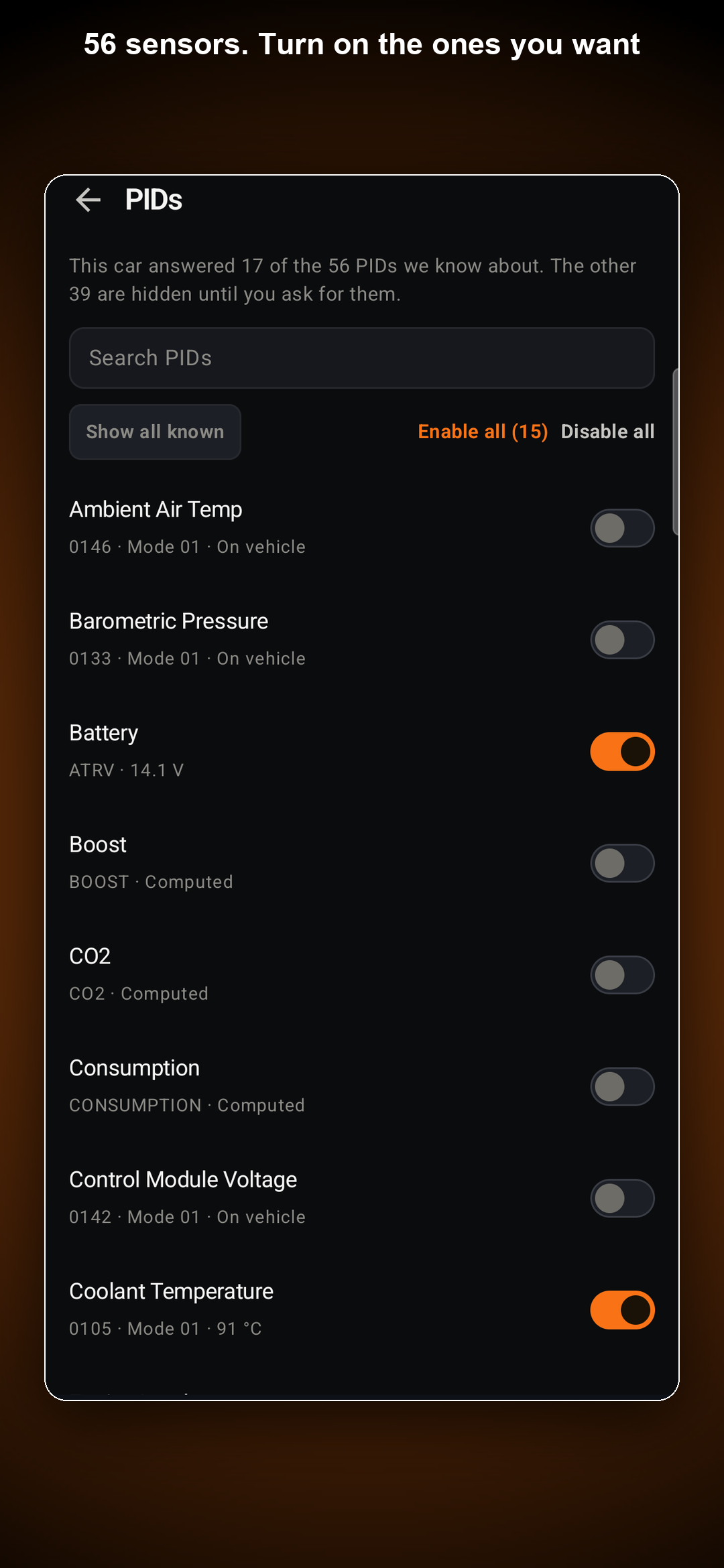RevDash PIDs (portrait) — search, show all known, enable/disable toggles