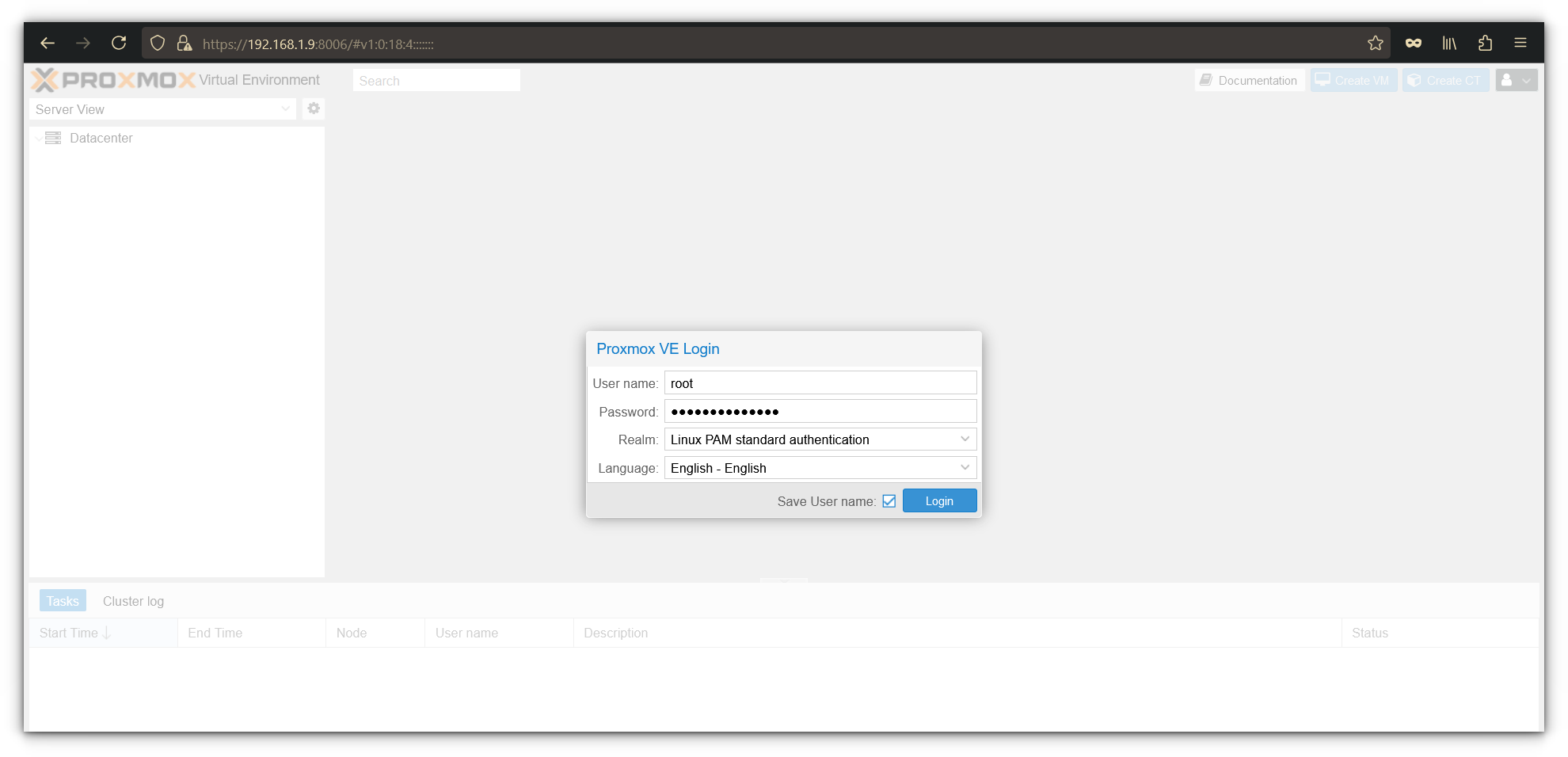 Proxmox login page
