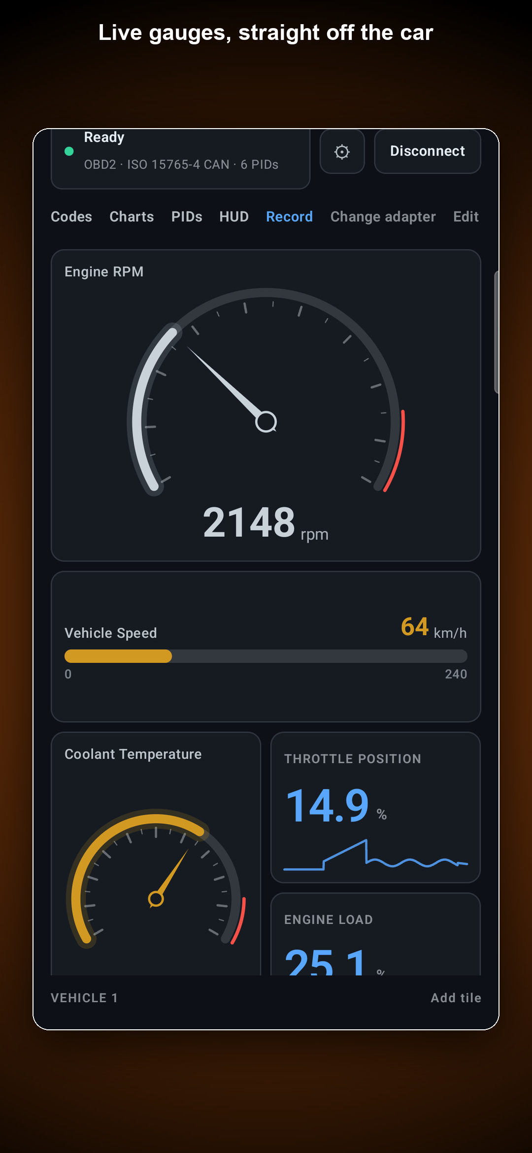 RevDash live dash — Ready on ISO 15765-4 CAN with six PIDs