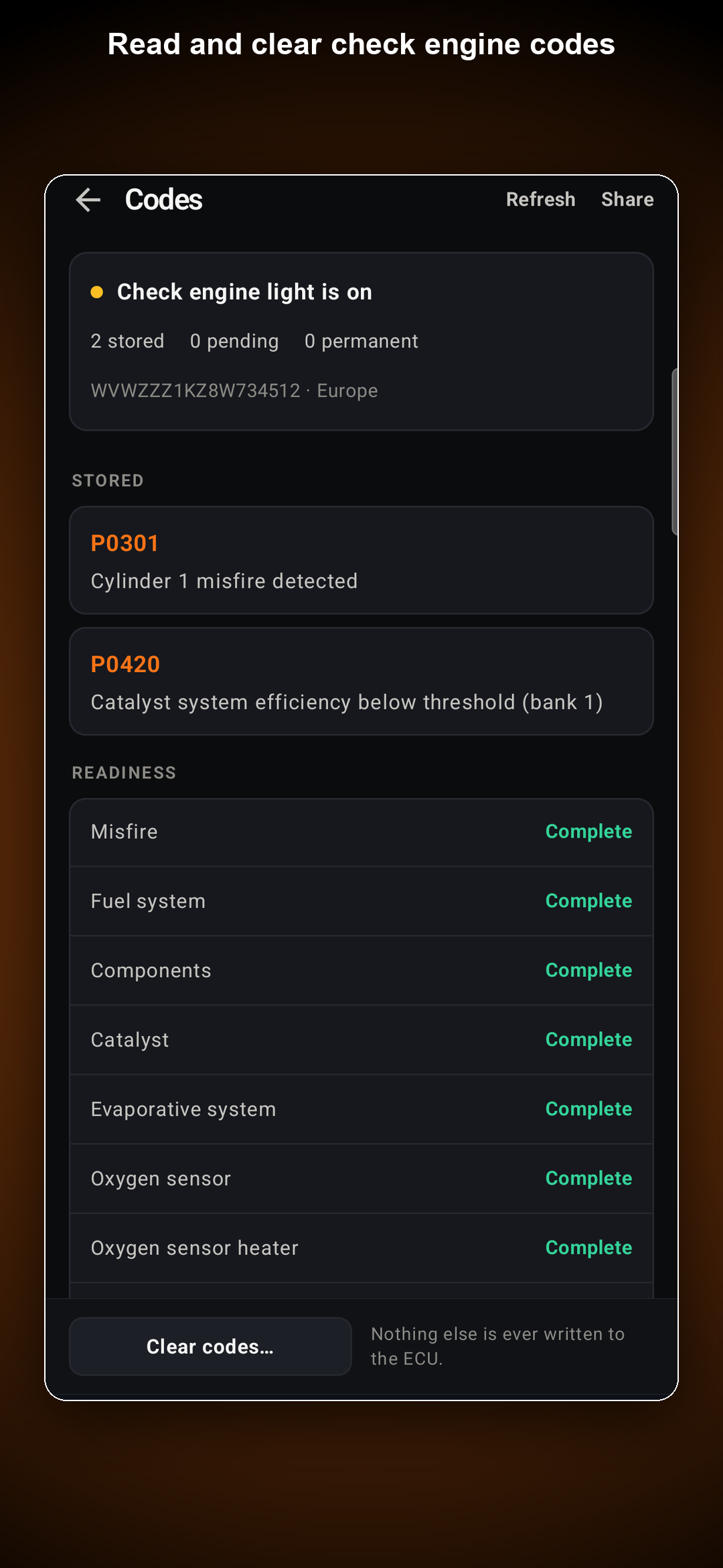 RevDash Codes — stored DTCs, readiness monitors, clear with confirm