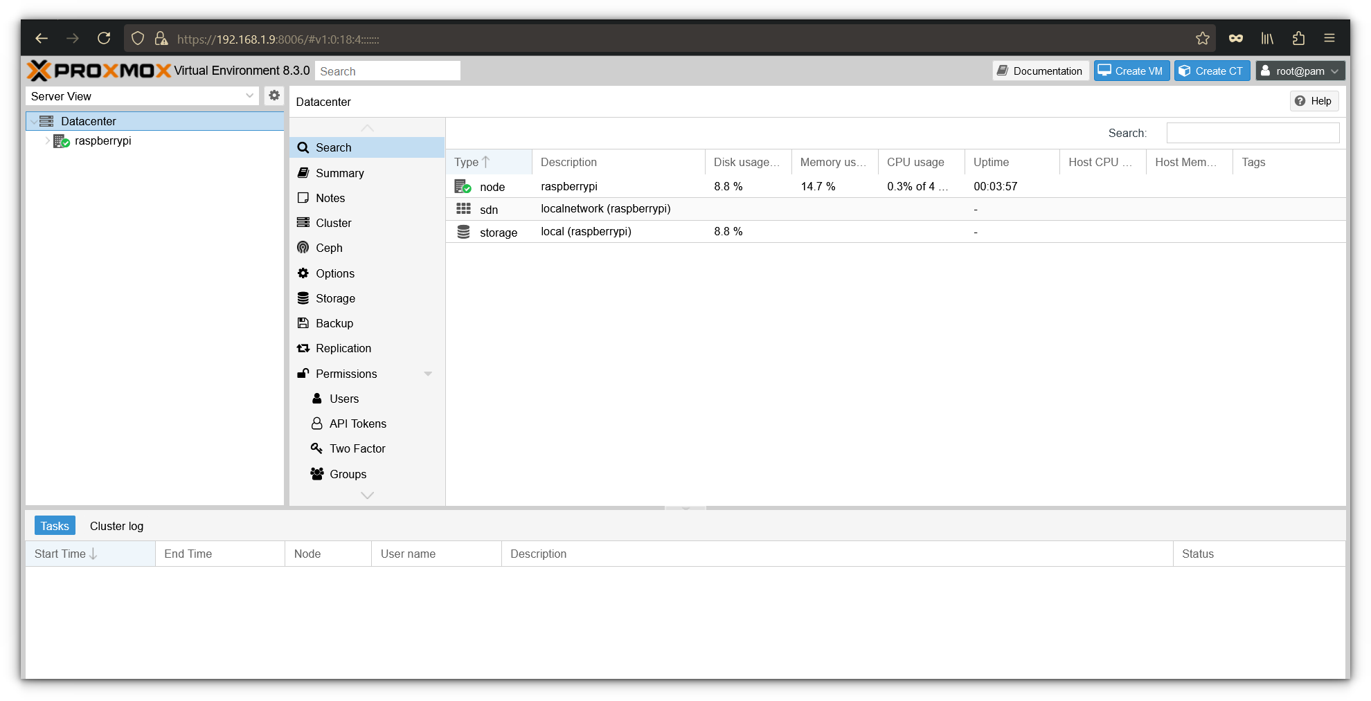 Proxmox main dashboard