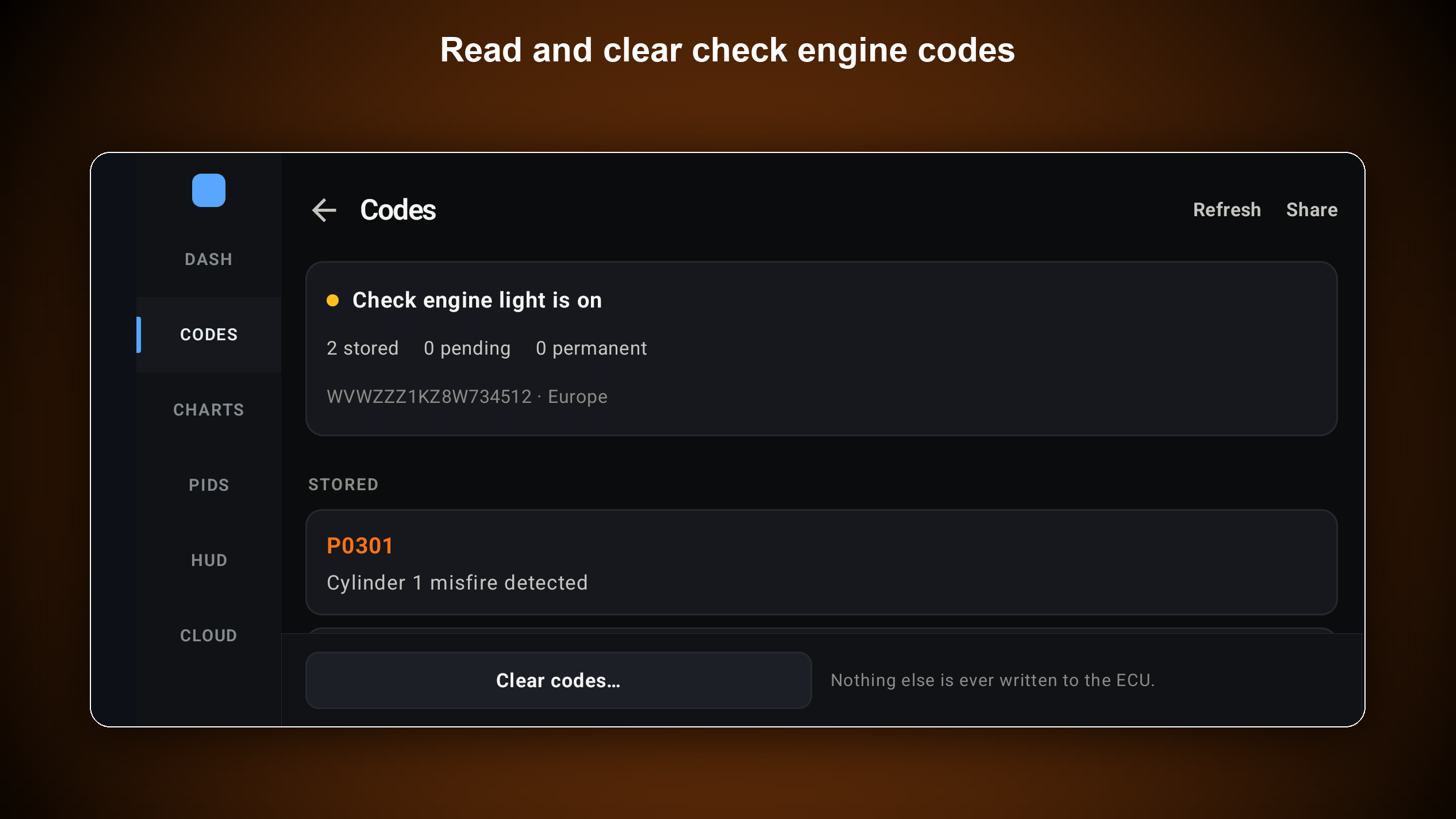 RevDash Codes (landscape) — check-engine status and stored P0 codes