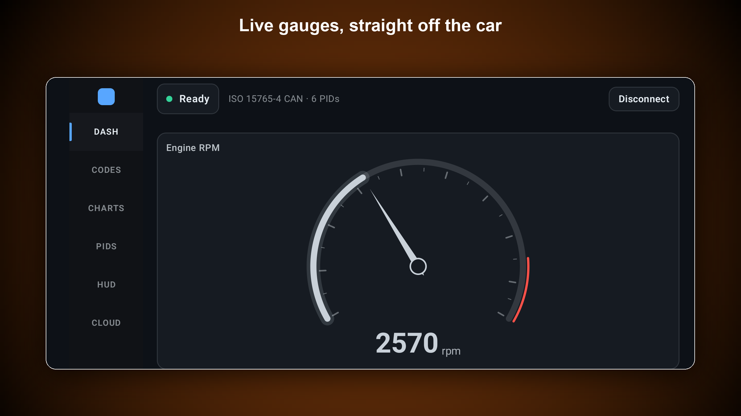 RevDash Dash (landscape) — large Engine RPM gauge over CAN
