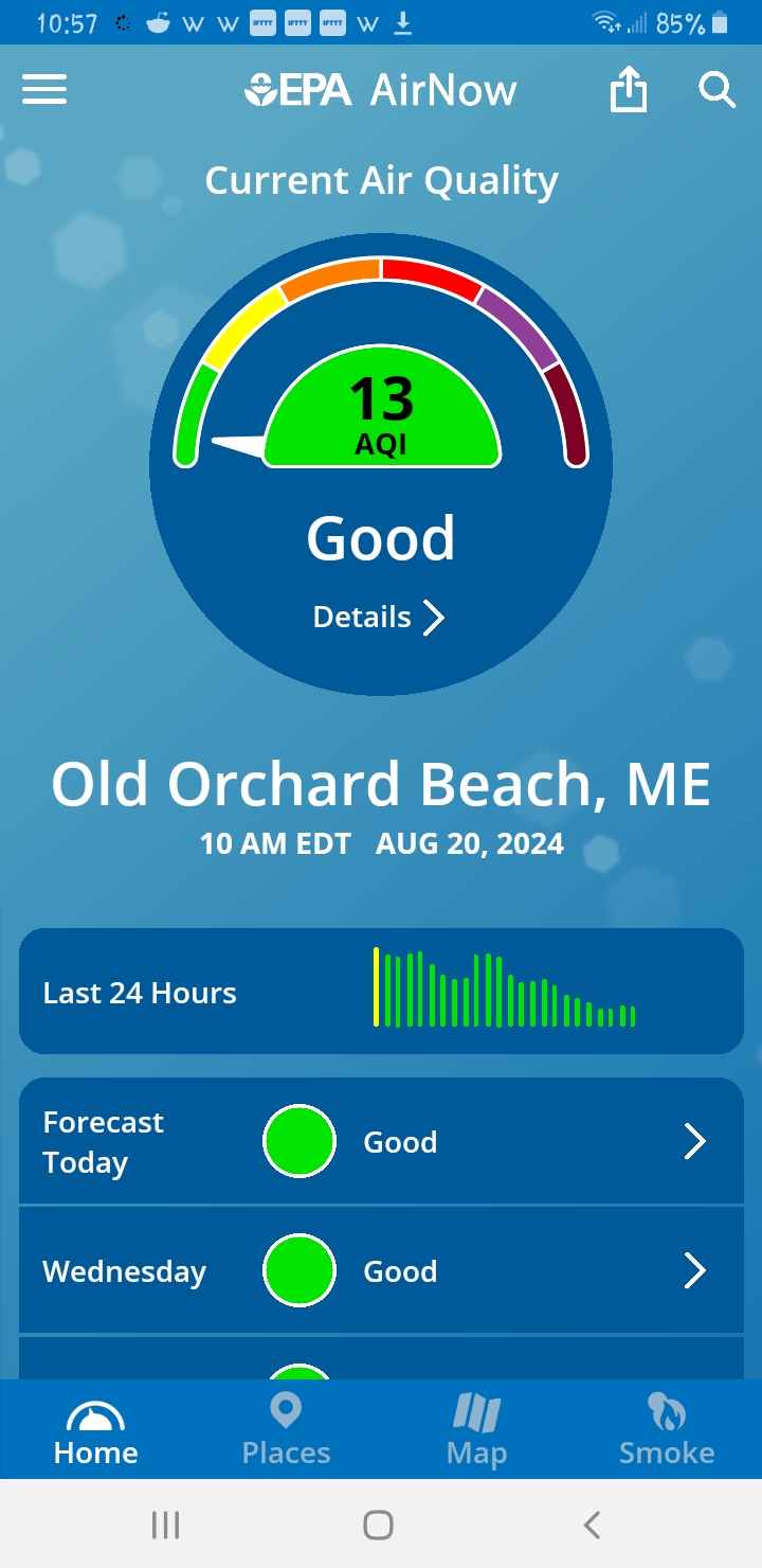 AirNow app screenshot excerpt (EPA AQI 13)