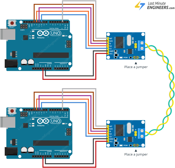 Two-node MCP2515 Arduino CAN wiring