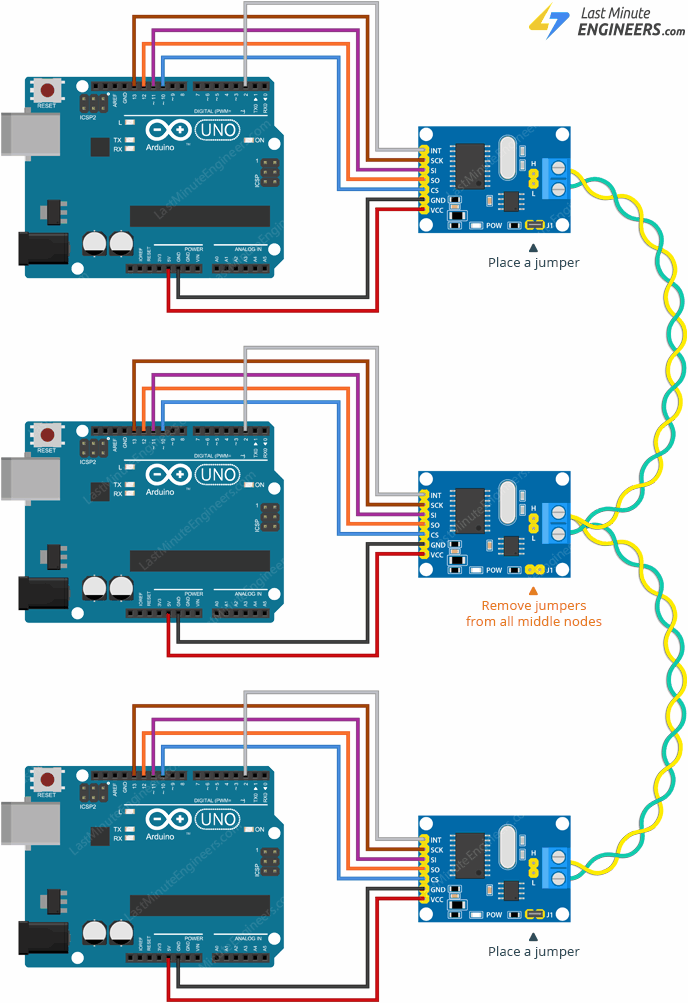 Multi-node MCP2515 Arduino CAN wiring